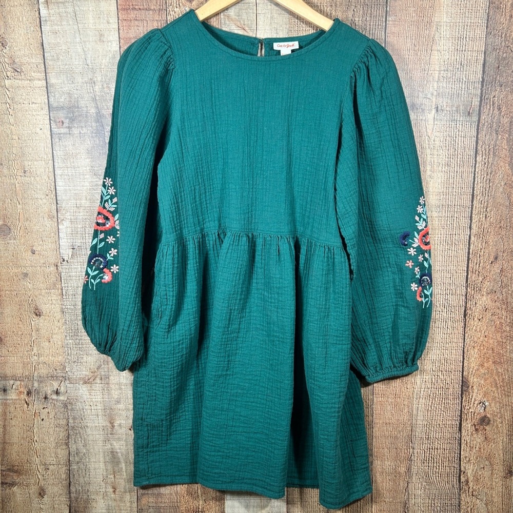 Cat & Jack Embroidered Gauze Dress XL 14 16 Girls Green Boho Prairie